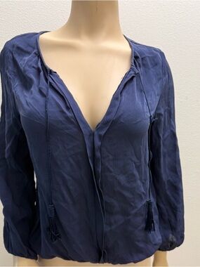 Joie Navy V-Neck Tassel Tie Blouse
